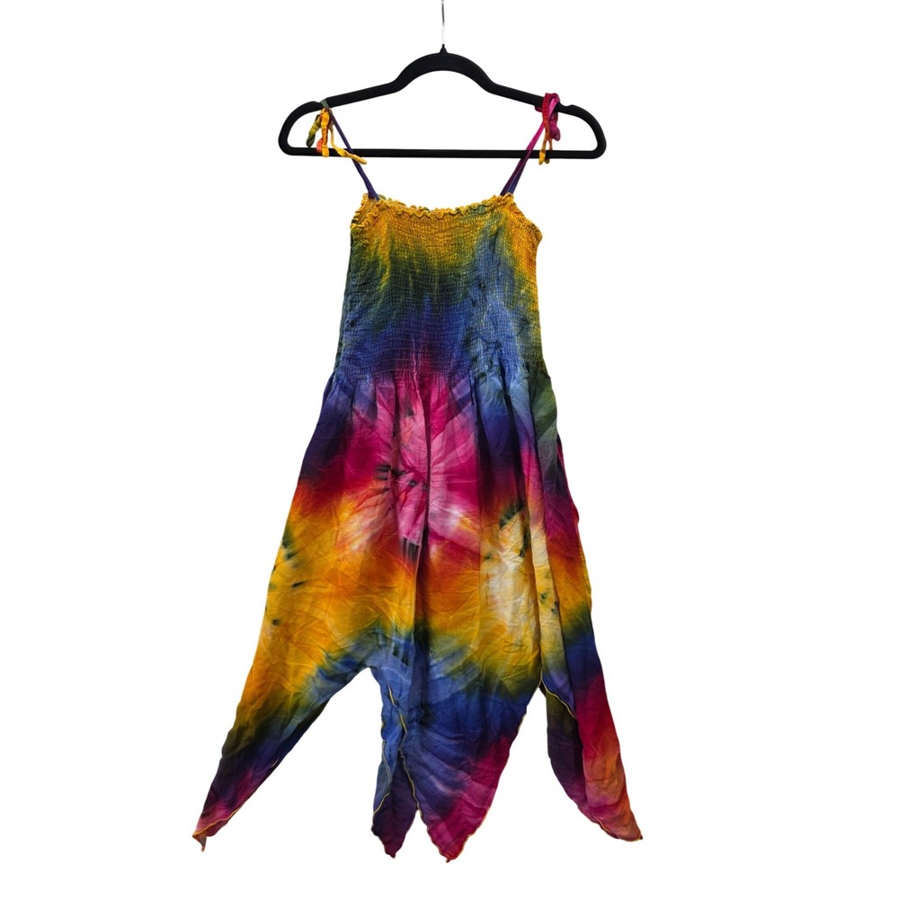 Peaceful People Tie Dye Smocked Handkerchief Hem Dress Rayon Rainbow Womens 12